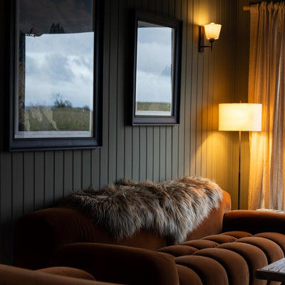 Farmhouse style living room with floor lamp and wall light