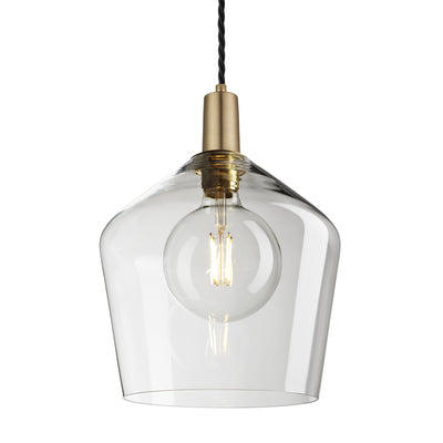 Sleek Clear Glass Schoolhouse Pendant Lighting in 10 Inch with Brass Holder, Product Code is SL-GLSHP10-CL-BH