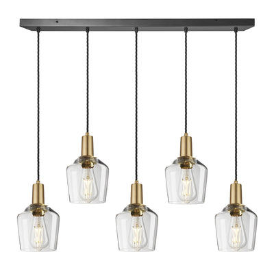 Sleek Clear Glass Schoolhouse 5 Wire Rectangular Cluster Lights in 5.5 inch with Brass Holders, Product Code SL-GLSH5-5WCL-CL-BH