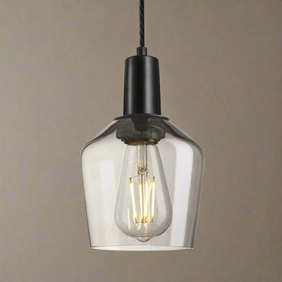 Sleek Clear Glass Schoolhouse Pendant Lighting in 5.5 Inch with Black Holder, Product Code is SL-GLSHP5-CL-BKH