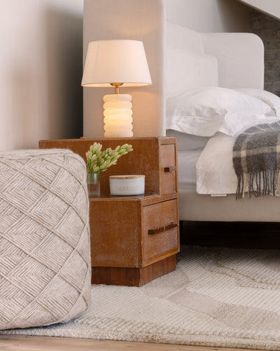 Bedroom image, featuring Industville Pouffe, Alabaster Table amp and wool rug