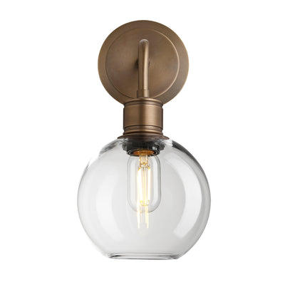 Albany Glass Globe Single Wall Light with a 7-inch clear glass globe and brass holder, shown in a straight-on view