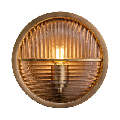 Bulkhead Outdoor & Bathroom Round Wall Light in Brass finish with Ribbed Glass lit up