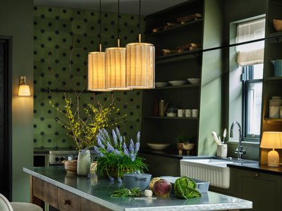 Bude Cylinder 3 Wire Cluster Pendant Light - Linen & Clear Glass - Chandelier & Cluster Lights - Industville Lighting UK