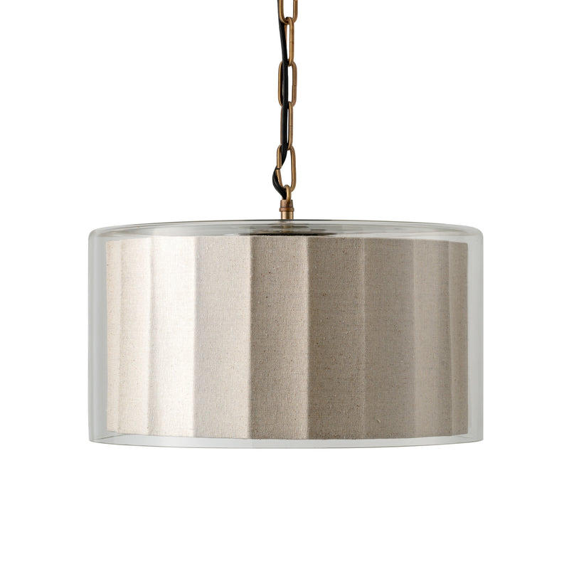 Bude Circular Pendant Light with Linen and Clear Glass shade and Brass finish chain holder and ceiling rose, close up the glass and linen shade