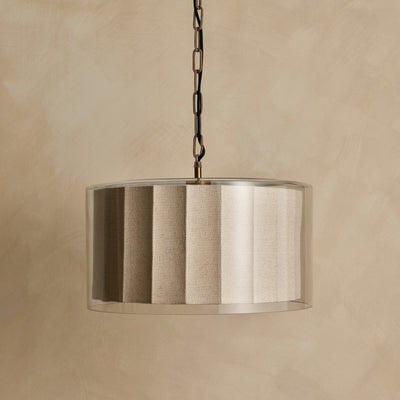 Bude Circular Pendant Light with Linen and Clear Glass shade and Brass finish chain holder and ceiling rose, close up the glass and linen shade