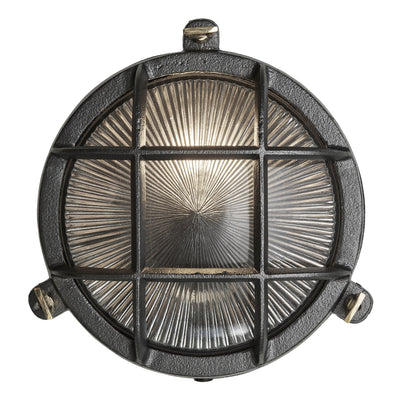 Black Round Bulkhead Outdoor and Bathroom Round Wall Light with ribbed glass