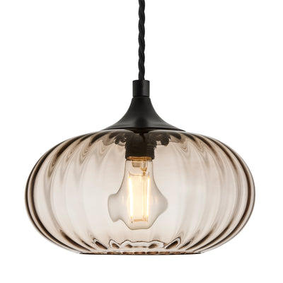 Chelsea Ribbed Textured Glass Round Pendant Light in 10 Inch Mocha Finish with Black Holder