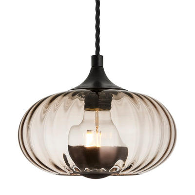 Chelsea Ribbed Textured Glass Round Pendant Light in 10 Inch Mocha Finish with Black Holder