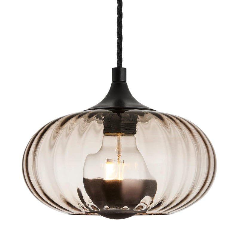 Chelsea Ribbed Textured Glass Round Pendant Light in 10 Inch Mocha Finish with Black Holder