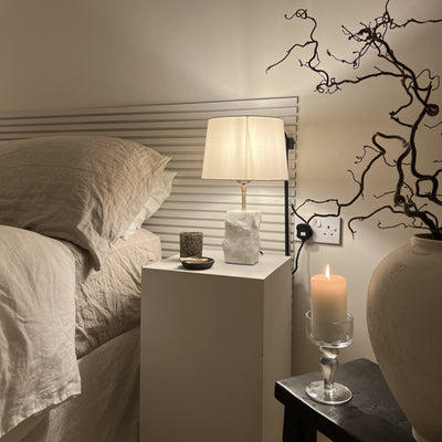 Marble Small Ridge Table Lamp with White Base and Natural Cotton Coolie Empire Large Shade, Industville MA-S-RITL-W-CEM-L-NC