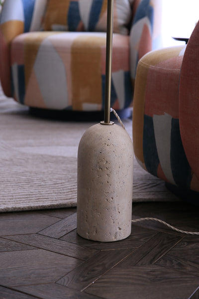 Travertine Cone Floor Lamp in Natural & Brass with a Light Natural Cotton Medium Drum Lampshade, Product Code TR-CFL-NB-DR-M-NC