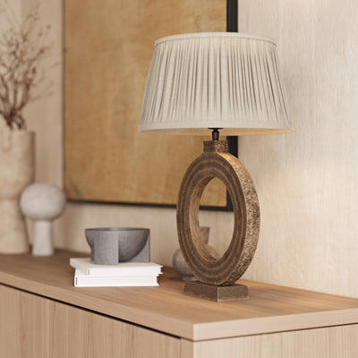 Ornate Circle Table Lamp in Brass with Pure Linen Pleated Lampshade