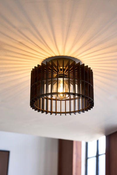 Rift Slatted Wooden Drum Semi Flush Mount Light in Dark Finish with Brass Holder