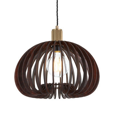 Rift Slatted Wooden Organic Pendant Light in Dark Finish with Brass Holder
