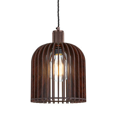 Rift Slatted Wooden Cone Pendant Light in Dark Finish with Bronze Holder