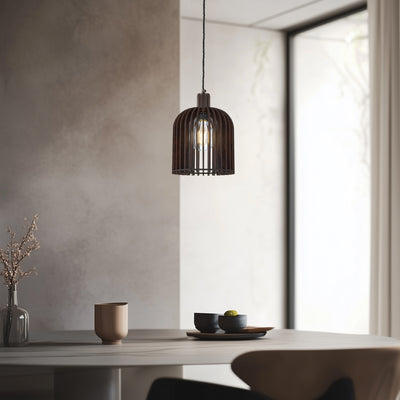 Rift Slatted Wooden Cone Pendant Light in Dark Finish with Bronze Holder