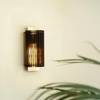 Rift Slatted Wooden Wall Light in Dark Finish with Brass Holder