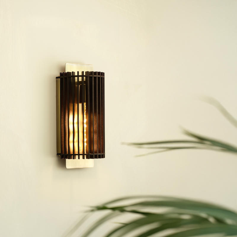 Rift Slatted Wooden Wall Light in Dark Finish with Brass Holder