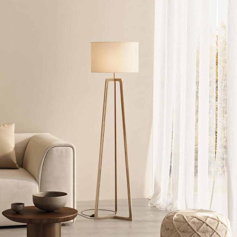 Ornate Tripod Floor Lamp in Brass with a Light Natural Cotton Medium Drum Lampshade, Product Code ORN-TIFL-B-DR-M-NC