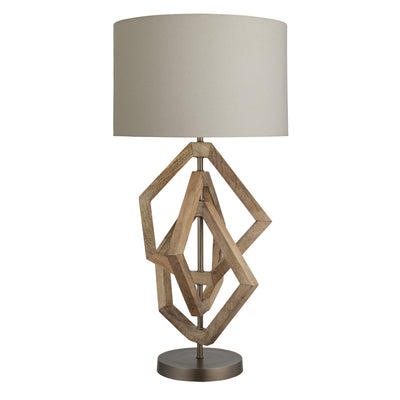 Wooden Geometric Polygon Table Lamp in Natural colour with Light natural Cotton Drum Shade