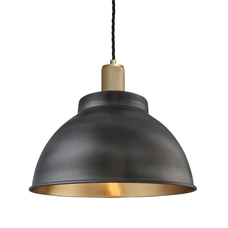 Pewter & Brass with Brass Holder Knurled Dome Pendant - 13 Inch - Industville KN-DP13-BP-BH