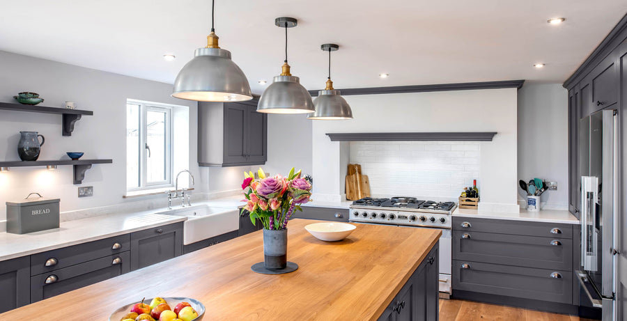 Grey dark kitchen interior design with vintage lighting