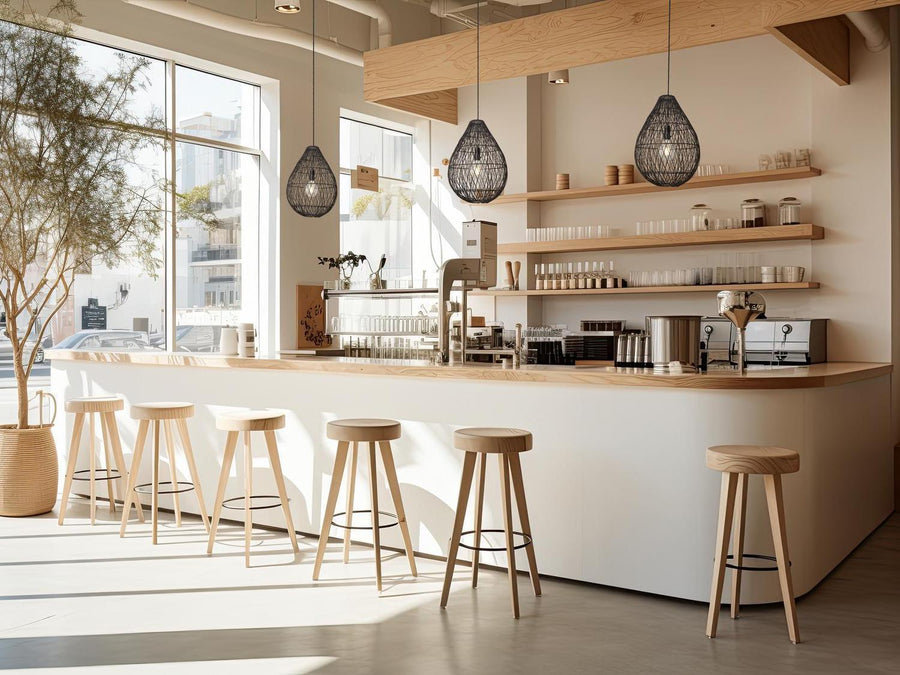 Modern style cafe with sculptural wire cage pendants