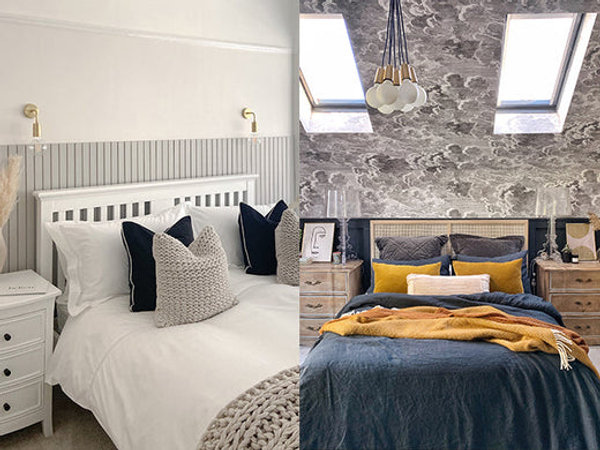 One elaborately patterned bedroom and one black and white bedroom