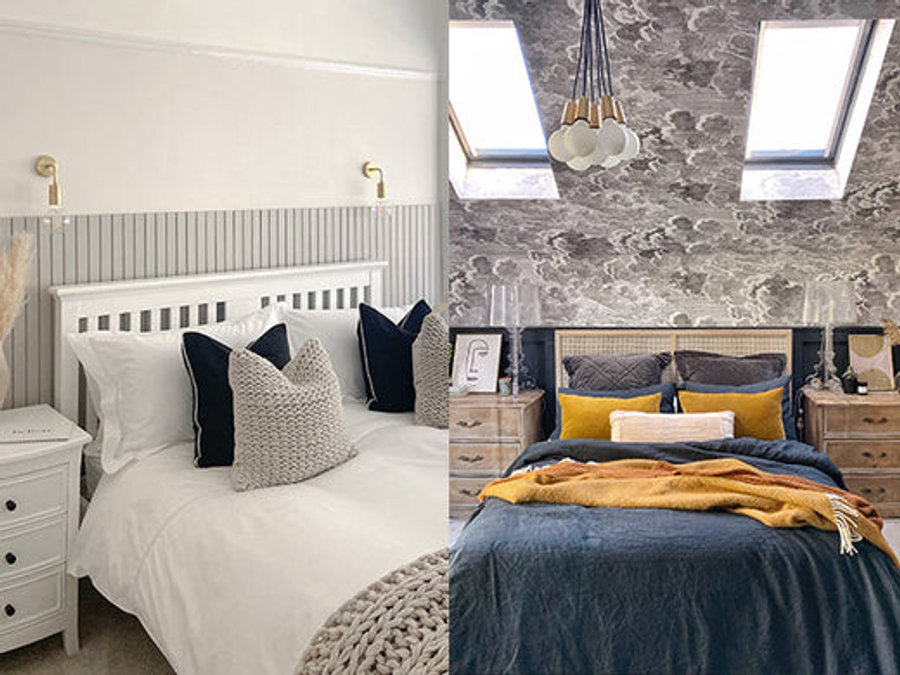 One elaborately patterned bedroom and one black and white bedroom