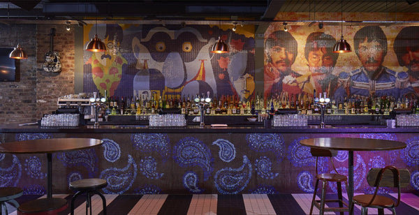 Vintage ceiling lights in a colourful bar interior