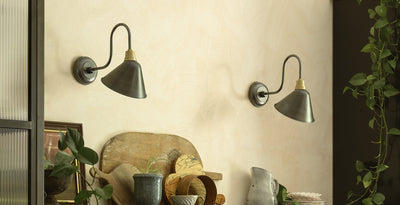 Pair of industrial-style pewter wall lights with swan neck arms, styled above rustic wooden accents and indoor plants.