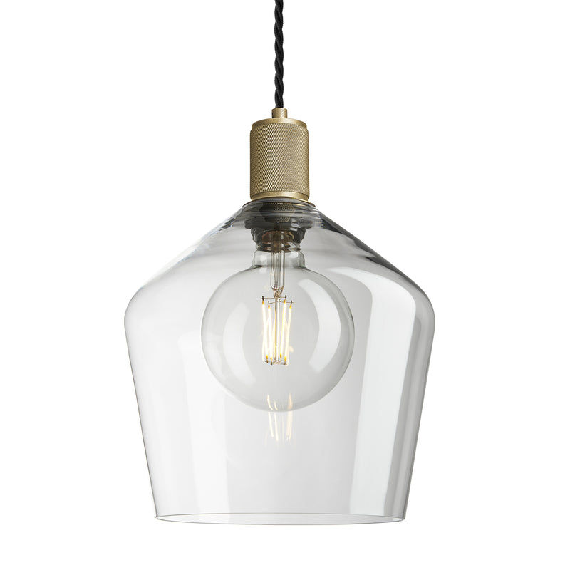 Clear Glass and Brass Holder Schoolhouse Pendant Knurled Holder KN-GLSHP10-CL-BH
