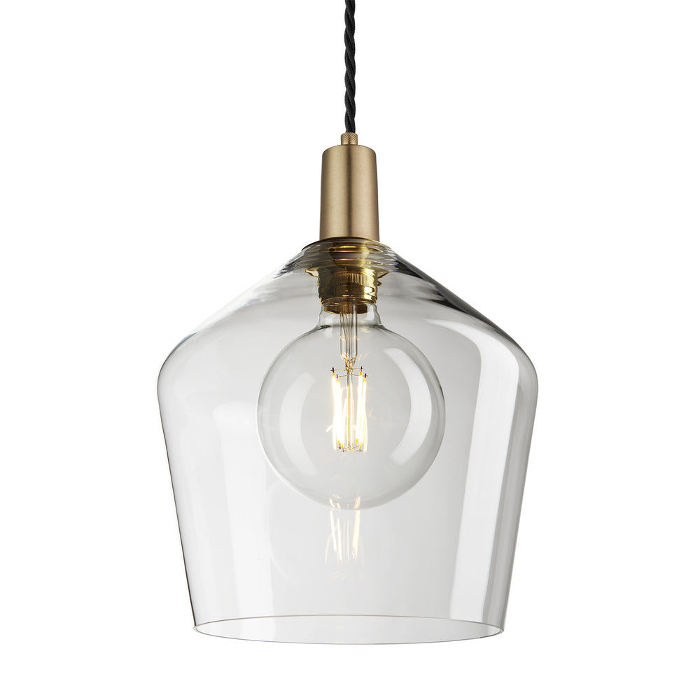 Sleek Clear Glass Schoolhouse Pendant Lighting in 10 Inch with Brass Holder, Product Code is SL-GLSHP10-CL-BH