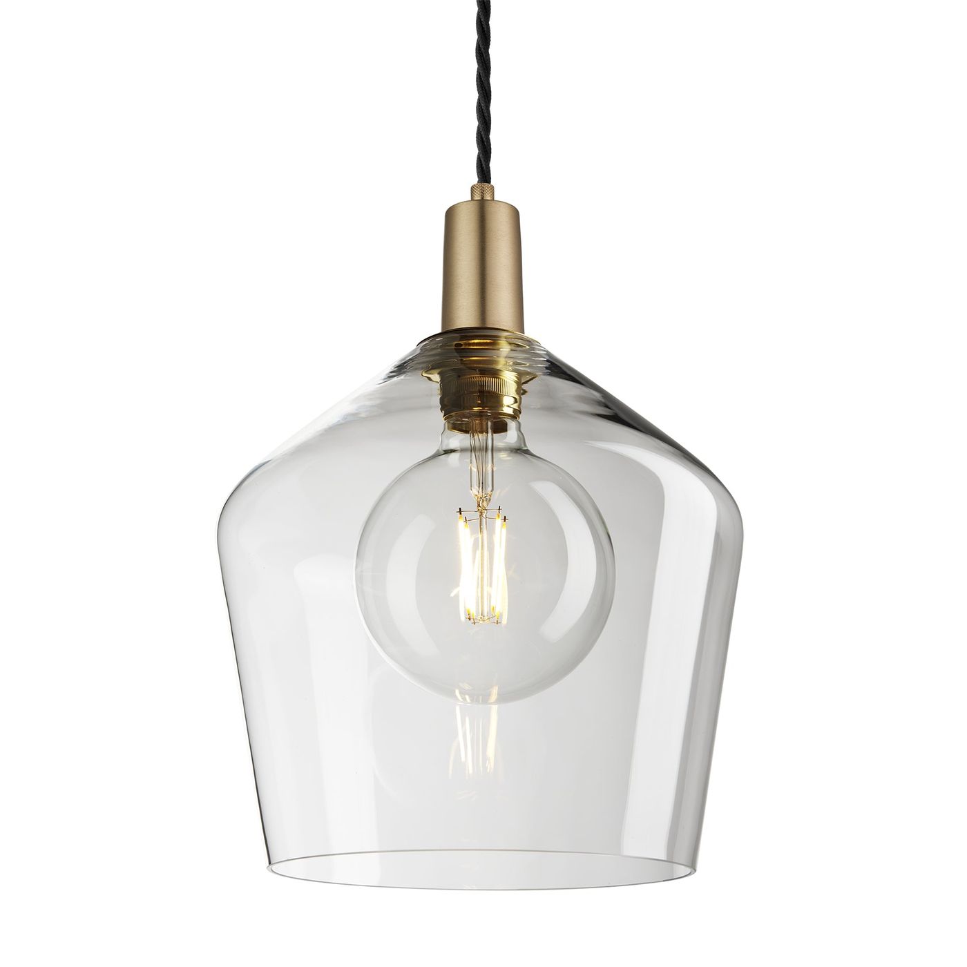 Sleek Clear Glass Schoolhouse Pendant Lighting in 10 Inch with Brass Holder, Product Code is SL-GLSHP10-CL-BH