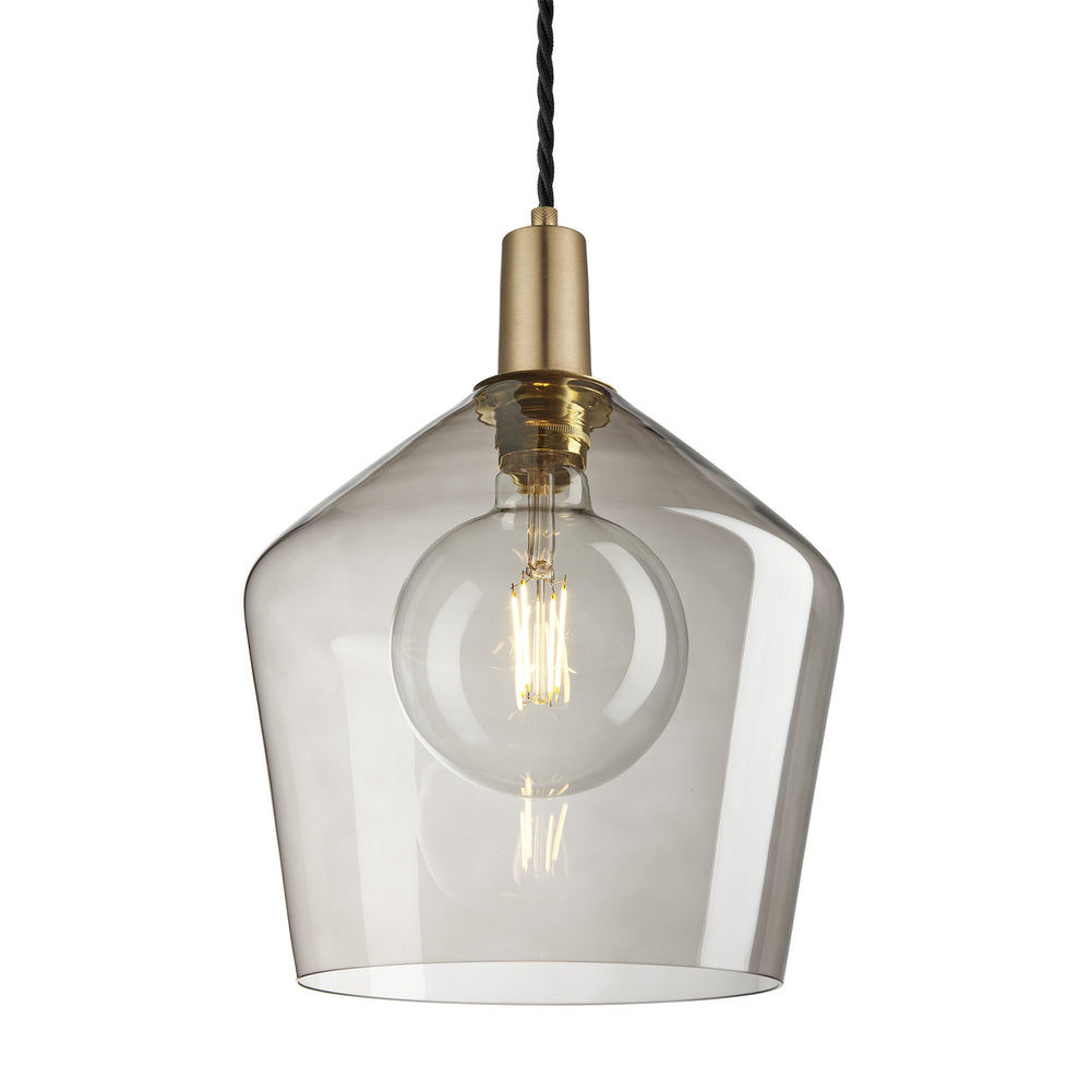 Sleek Smoked Glass Schoolhouse Pendant Lighting in 10 Inch with Brass Holder, Product Code is SL-SGL-SHP10-MO-BH