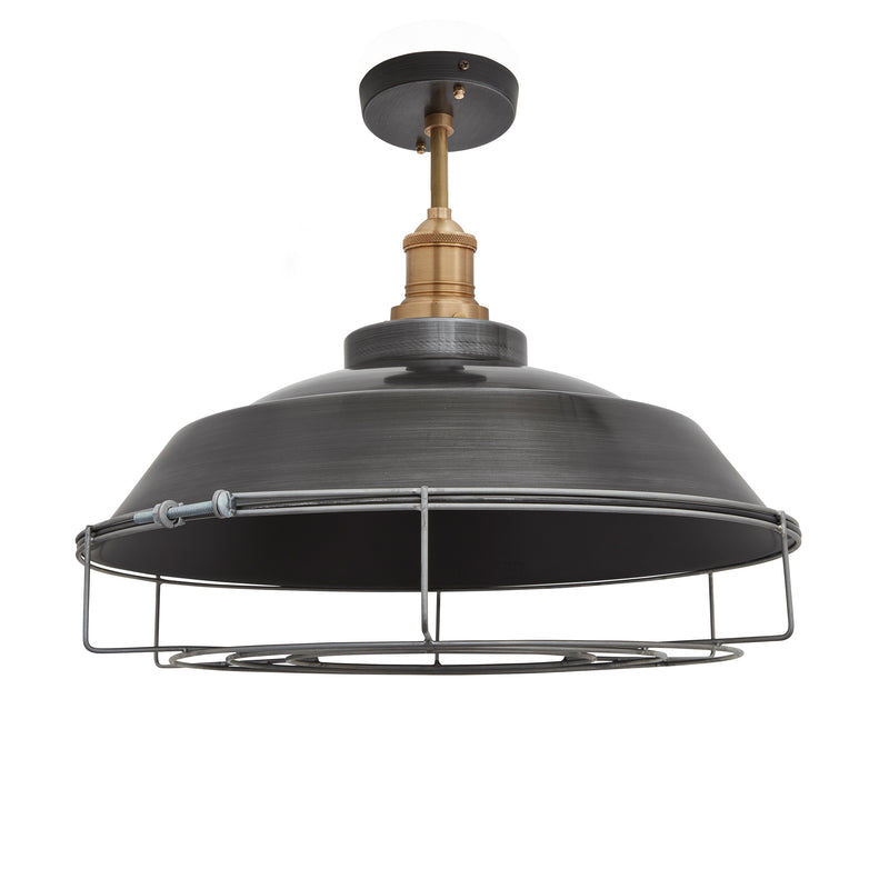 Brooklyn Step Semi Flush Mount in 16 Inch with Pewter Shade with Brass Holder and Cage Attachment, Product Code BR-SFM16-P-BH-CG