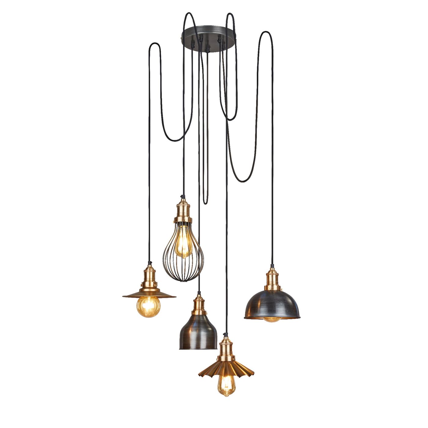 Brass Brooklyn 5 Wire Pendant - Includes Shades Industville BR-5WP-B-MSO