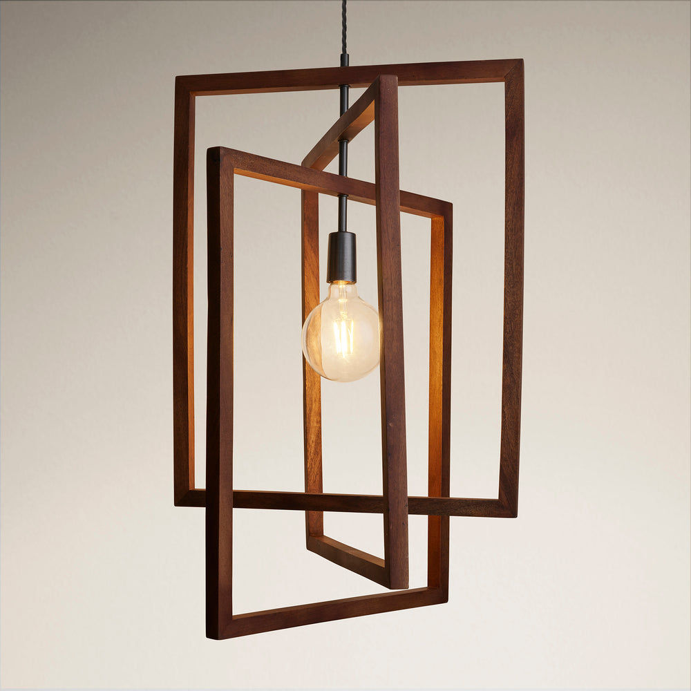 Walnut Wooden Geometric Rectangle Shape Ceiling Pendant Light in 20 Inch