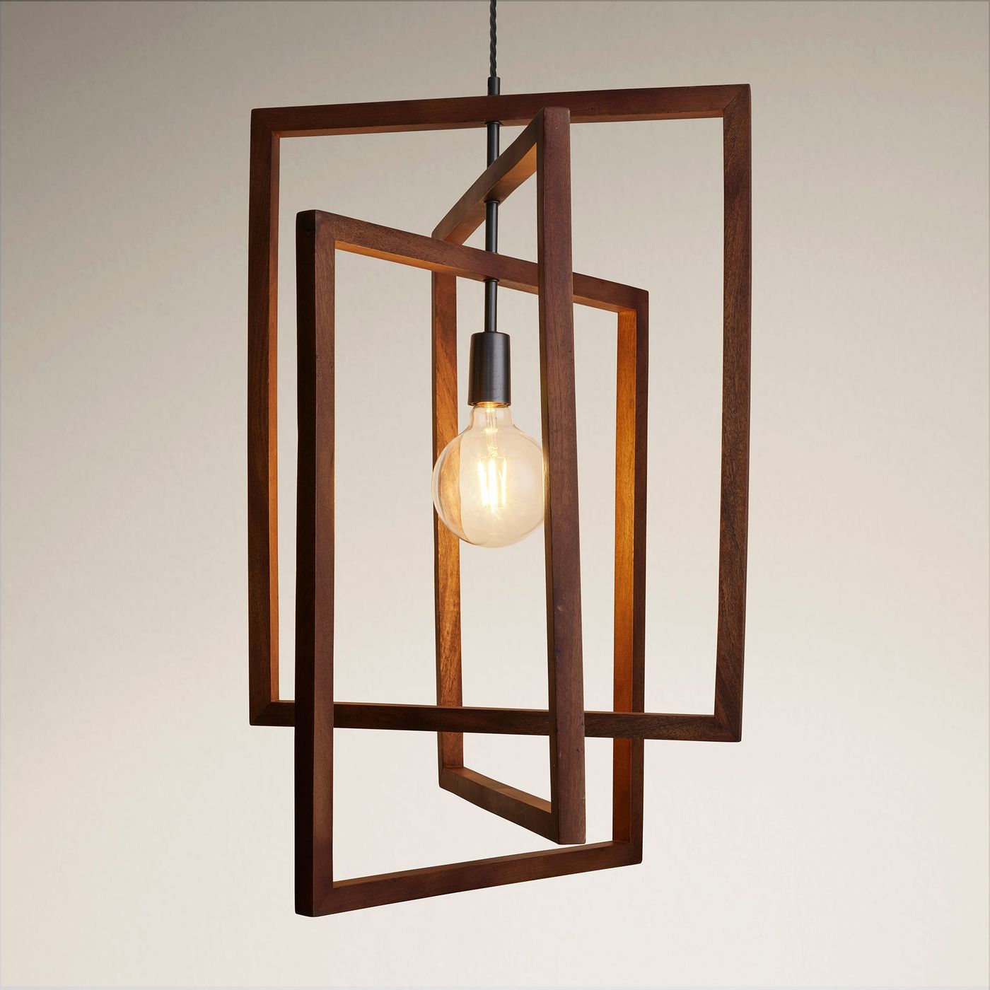 Walnut Wooden Geometric Rectangle Shape Ceiling Pendant Light in 20 Inch