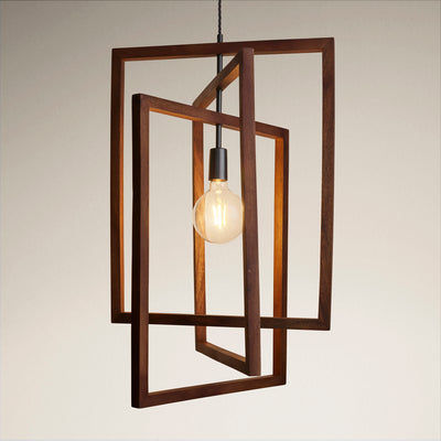 Walnut Wooden Geometric Rectangle Shape Ceiling Pendant Light in 20 Inch