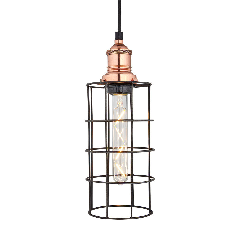 Brooklyn Cylinder Wire Cage Pendant in 5 Inch with Copper Holder, Product Code BR-WCP5-P-CY-CH