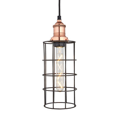 Brooklyn Cylinder Wire Cage Pendant in 5 Inch with Copper Holder, Product Code BR-WCP5-P-CY-CH