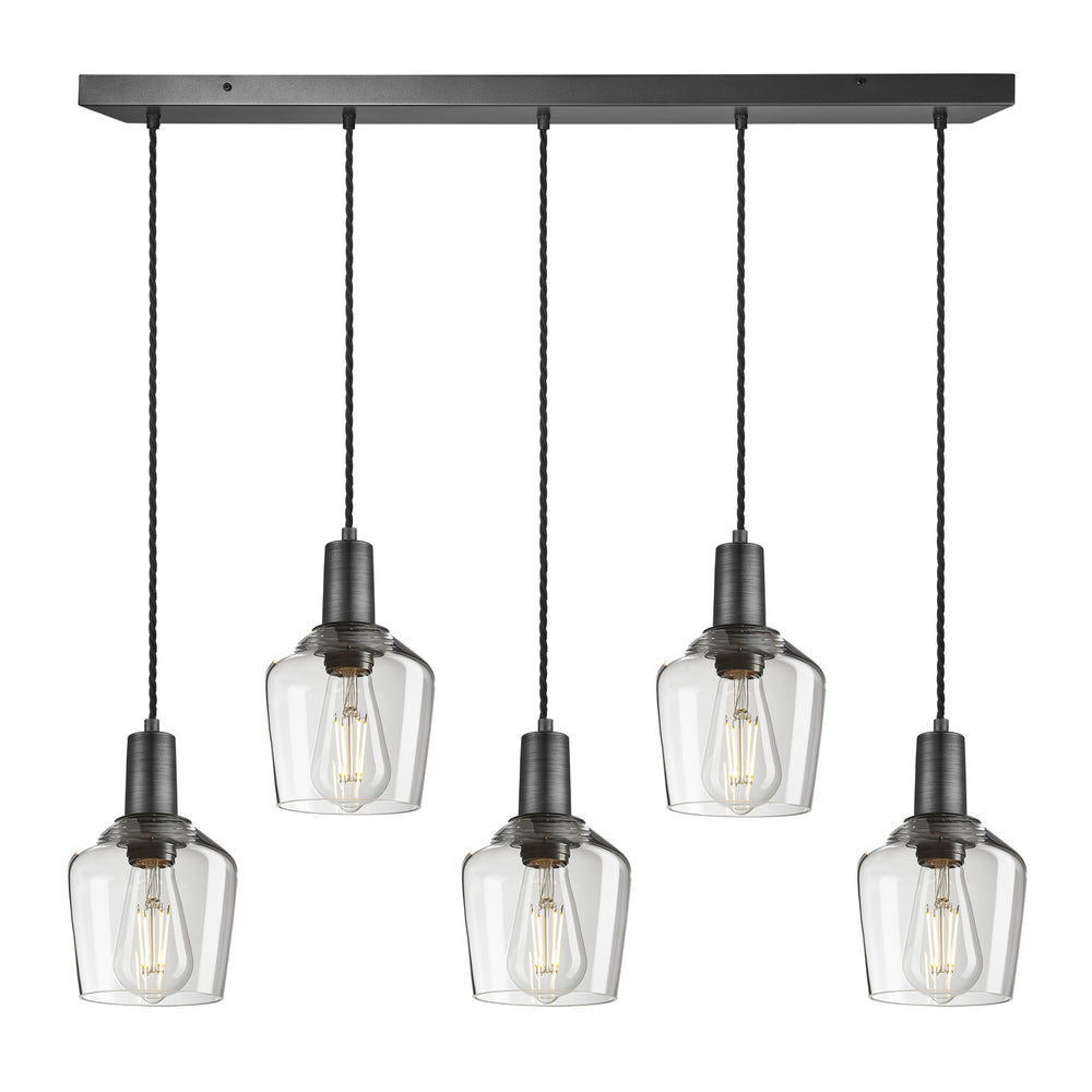 Sleek Clear Glass Schoolhouse 5 Wire Rectangular Cluster Lights in 5.5 inch with Pewter Holders, Product Code SL-GLSH5-5WCL-CL-PH