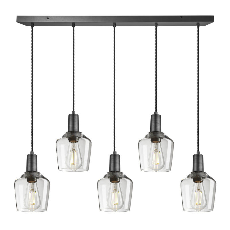 Sleek Clear Glass Schoolhouse 5 Wire Rectangular Cluster Lights in 5.5 inch with Pewter Holders, Product Code SL-GLSH5-5WCL-CL-PH