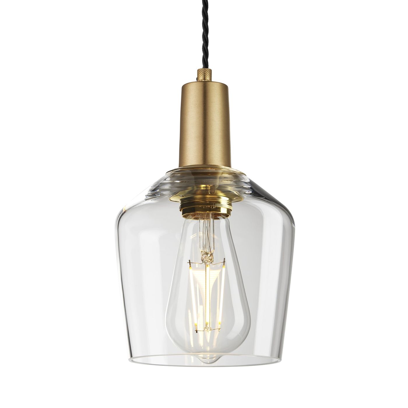 Sleek Clear Glass Schoolhouse Pendant Lighting in 5.5 Inch with Brass Holder, Product Code is SL-GLSHP5-CL-BH
