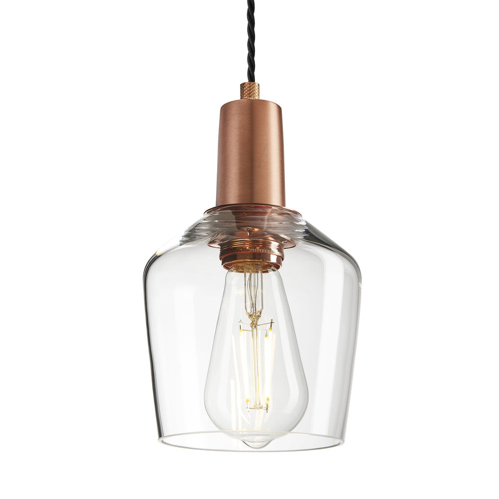 Sleek Clear Glass Schoolhouse Pendant Lighting in 5.5 Inch with Copper Holder, Product Code is SL-GLSHP5-CL-CH