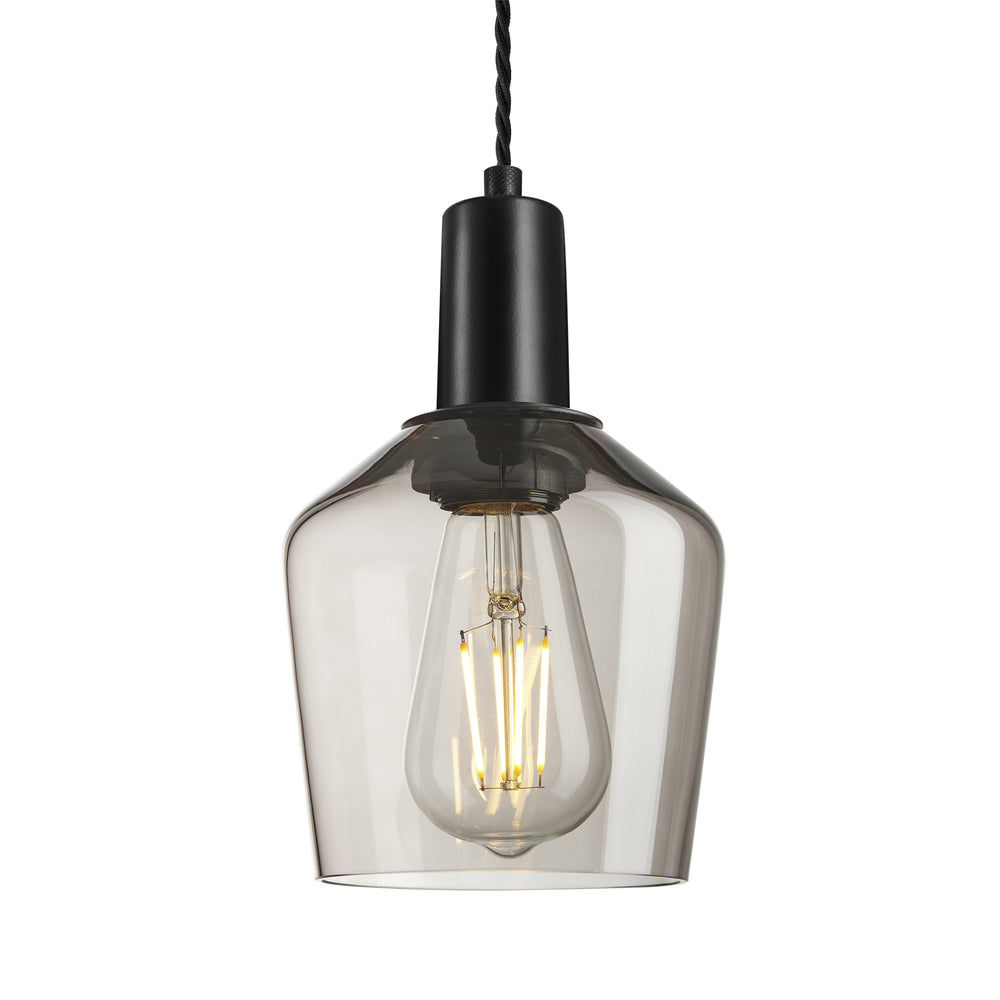 Sleek Smoked Glass Schoolhouse Pendant Lighting in 5.5 Inch with Black Holder, Product Code is SL-SGL-SHP5-MO-BKH