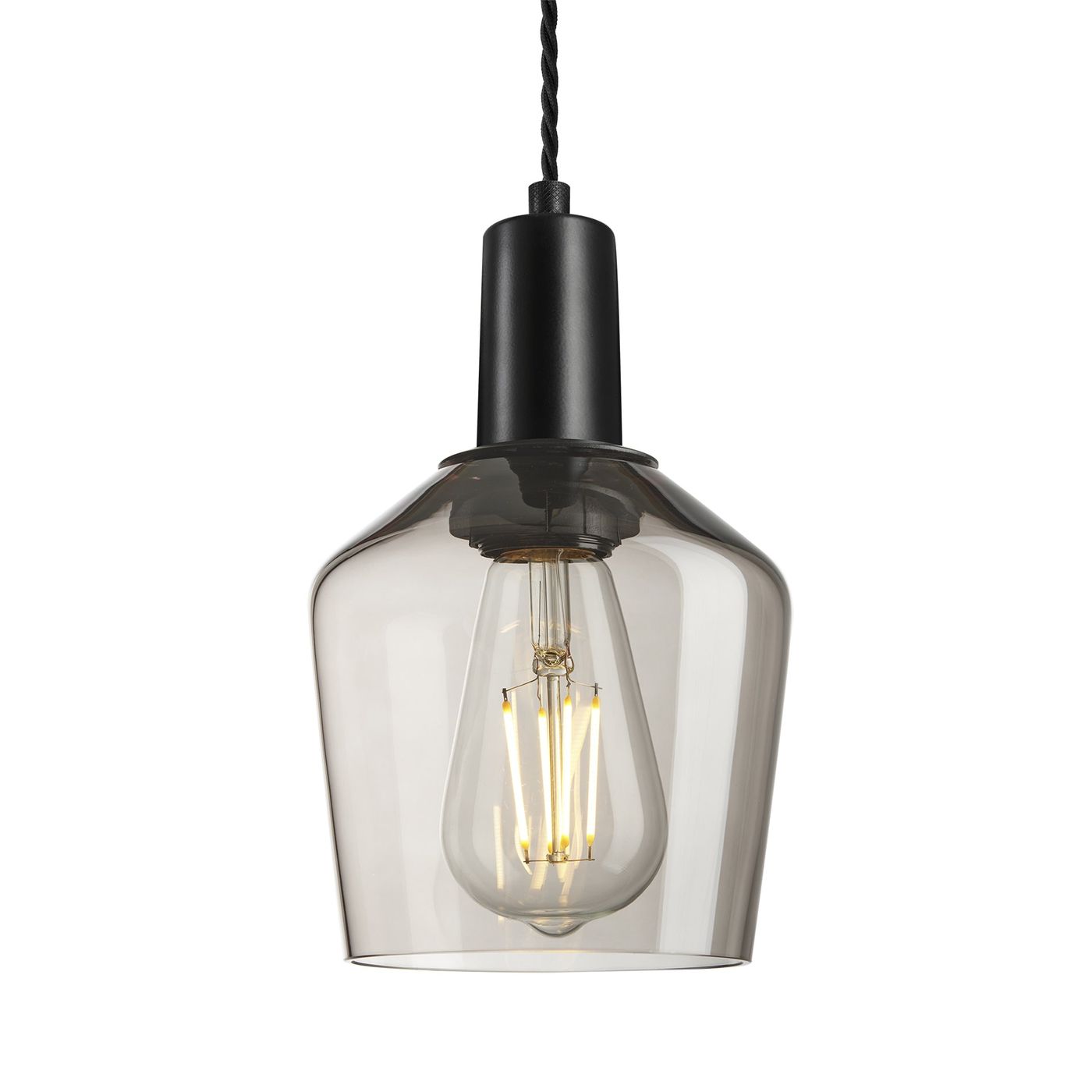 Sleek Smoked Glass Schoolhouse Pendant Lighting in 5.5 Inch with Black Holder, Product Code is SL-SGL-SHP5-MO-BKH