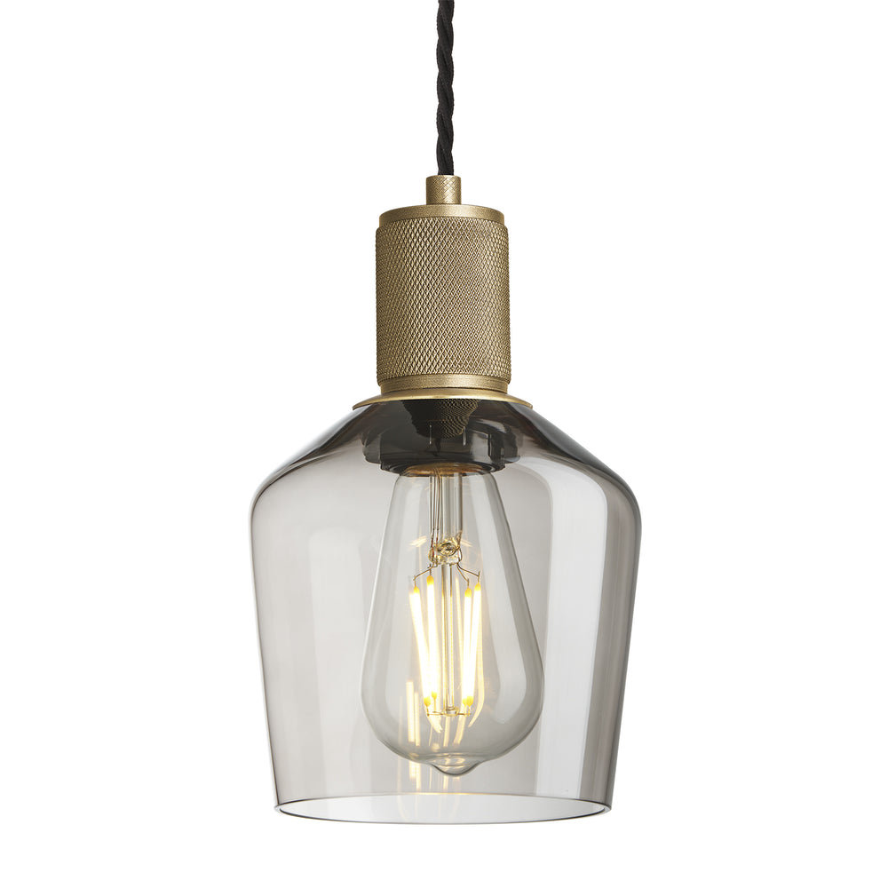 Smoked Glass Mocha with Brass Holder Schoolhouse Pendant Knurled Holder KN-SGL-SHP5-MO-BH